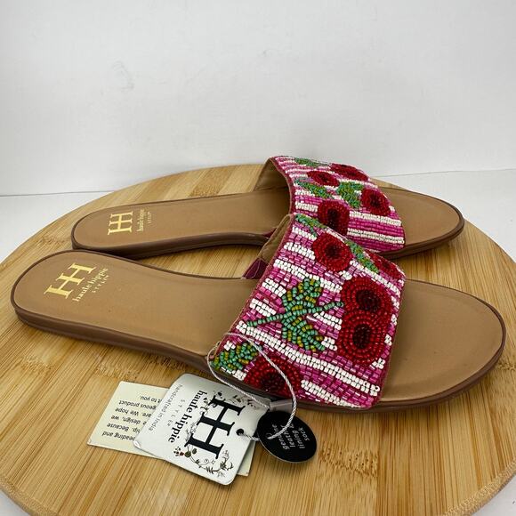 Haute Hippie Shoes - Haute Hippie Beaded Cherry Stripe Slide Sandals Pink Red Slip On Size 8.5 NEW